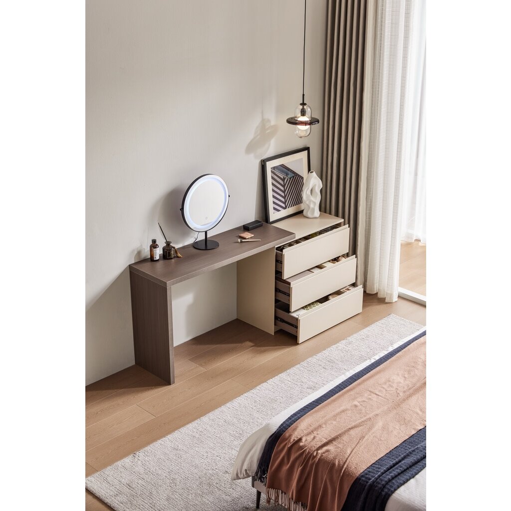 Ensemble coiffeuse / bureau miroir et caisson 3 tiroirs - Noisette