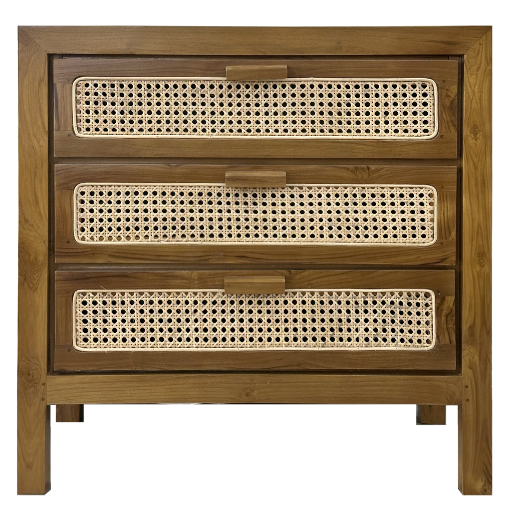 Commode en teck 3 tiroirs rotin 80x40x80 cm Naturel