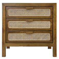 Commode en teck 3 tiroirs rotin 80x40x80 cm Naturel