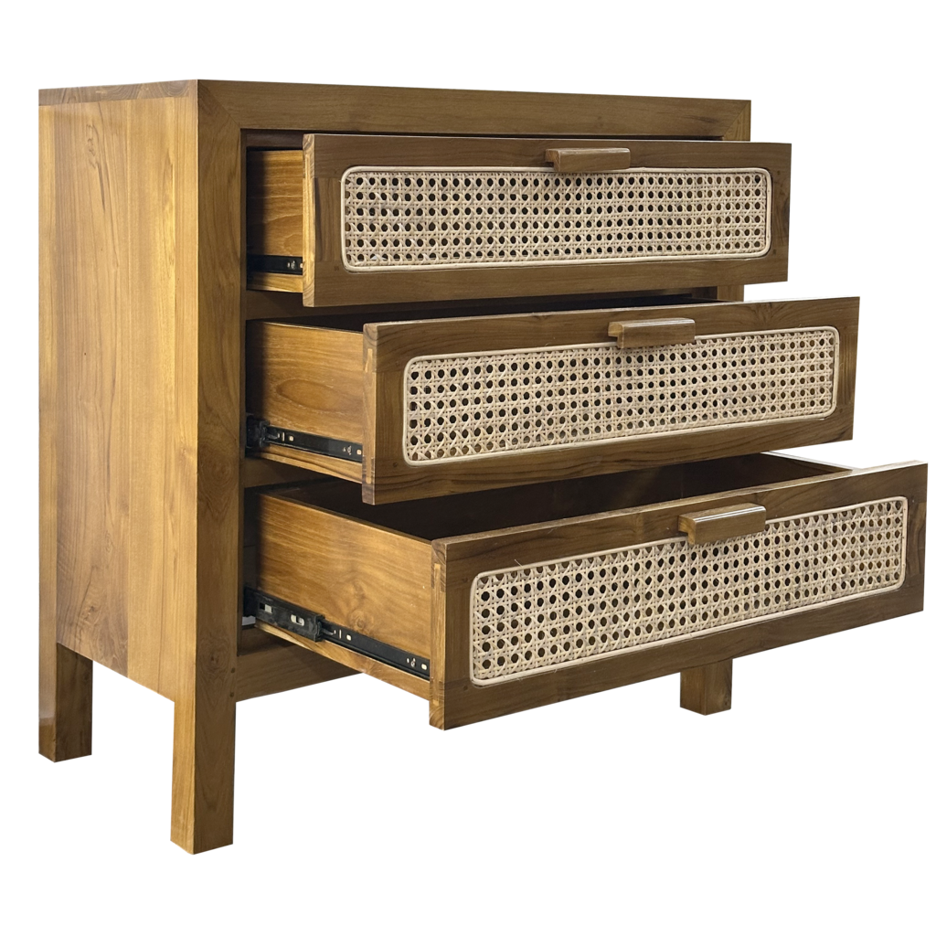 Commode en teck 3 tiroirs rotin 80x40x80 cm Naturel