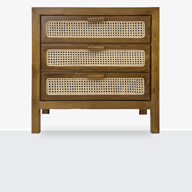 Commode en teck 3 tiroirs rotin 80x40x80 cm Naturel