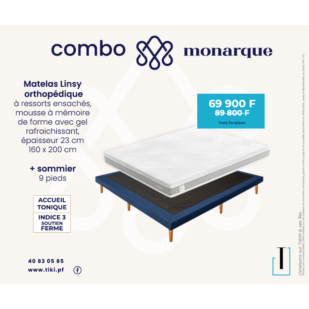 Monarque Combo Matelas Linsy 160x200x23 Cm + Sommier 10 Cm