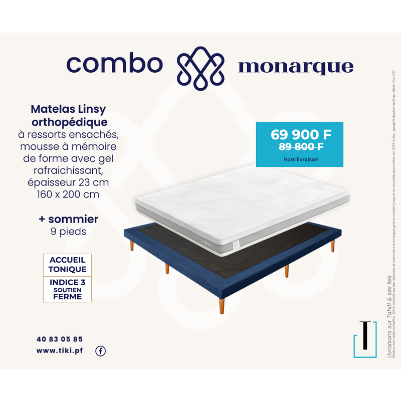 Monarque Combo Matelas Linsy 160x200x23 Cm + Sommier 10 Cm