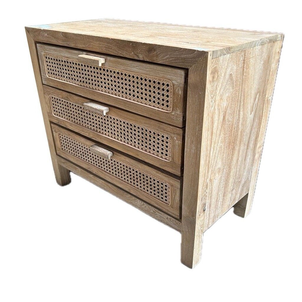 Commode en teck 3 tiroirs rotin 80x40x80 cm Cérusé