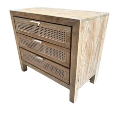 Commode en teck 3 tiroirs rotin 80x40x80 cm Cérusé