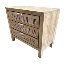 Commode en teck 3 tiroirs rotin 80x40x80 cm Cérusé