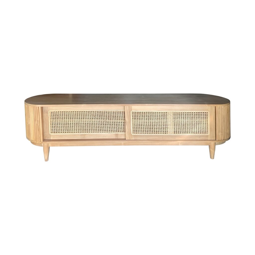 BOHO - Meuble TV 2 portes coulissantes en teck et rotin 200x45x60 cm