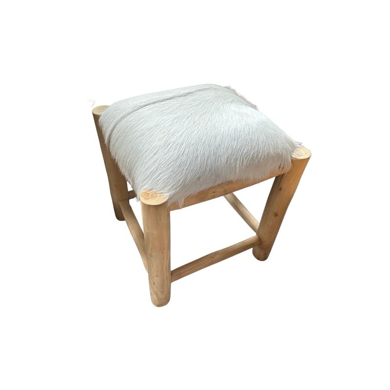 Tabouret en Teck + peau de chèvre 40x40x45 cm