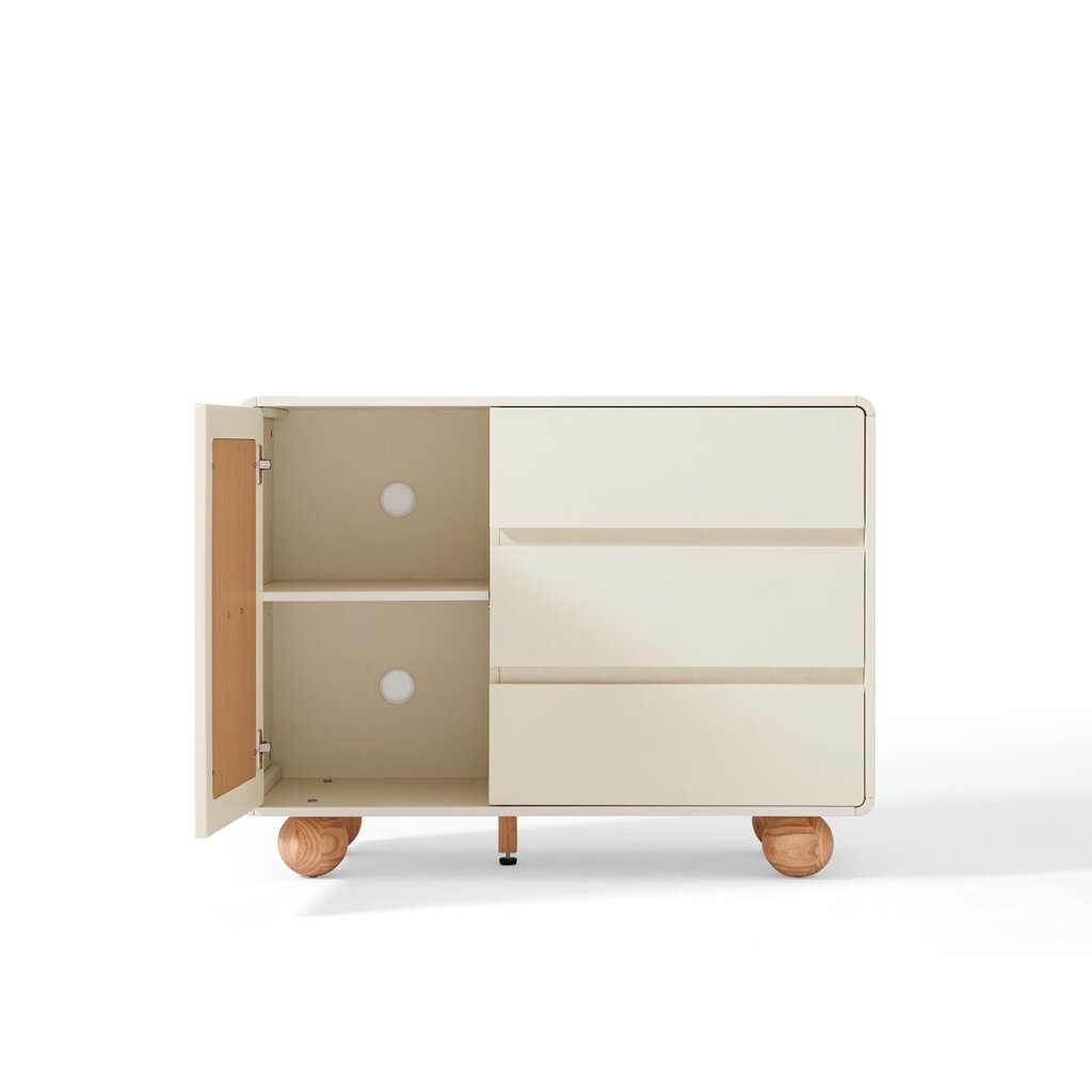 Buffet 1 porte 3 tiroirs 100 cm - Blanc et bois