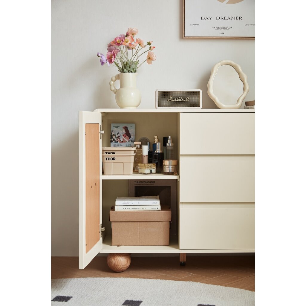 Buffet 1 porte 3 tiroirs 100 cm - Blanc et bois