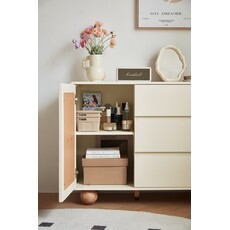 Buffet 1 porte 3 tiroirs 100 cm - Blanc et bois