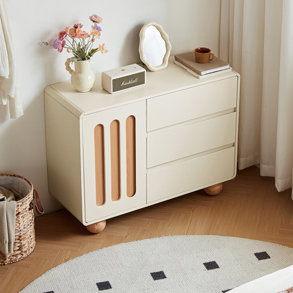 Buffet 1 porte 3 tiroirs 100 cm - Blanc et bois