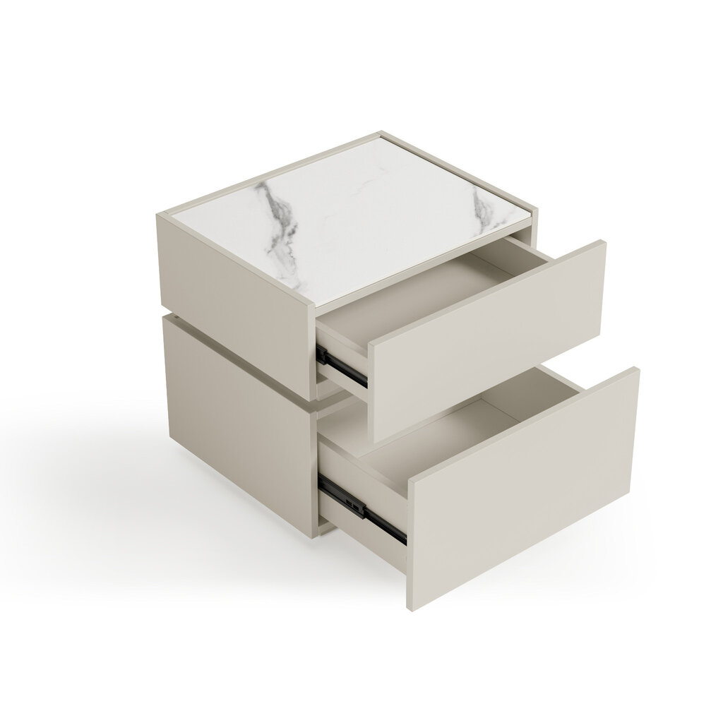 Table de chevet avec éclairage et dessus en pierre frittée polie - blanc