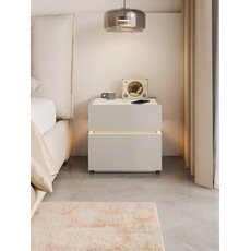 Table de chevet avec éclairage et dessus en pierre frittée polie - blanc