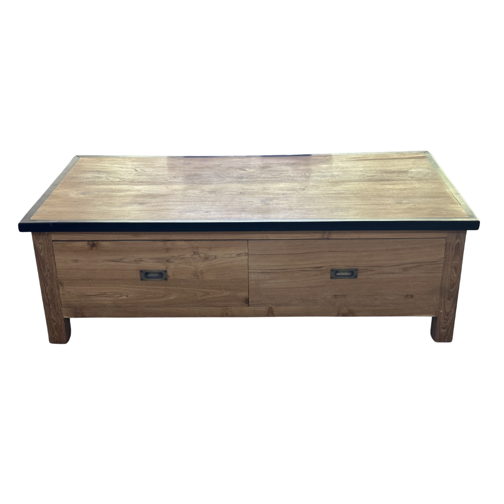 Table basse bois brut 4 tiroirs plateau noir 140x70x45 Cm