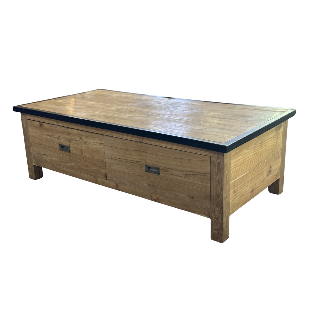 Table basse bois brut 4 tiroirs plateau noir 140x70x45 Cm