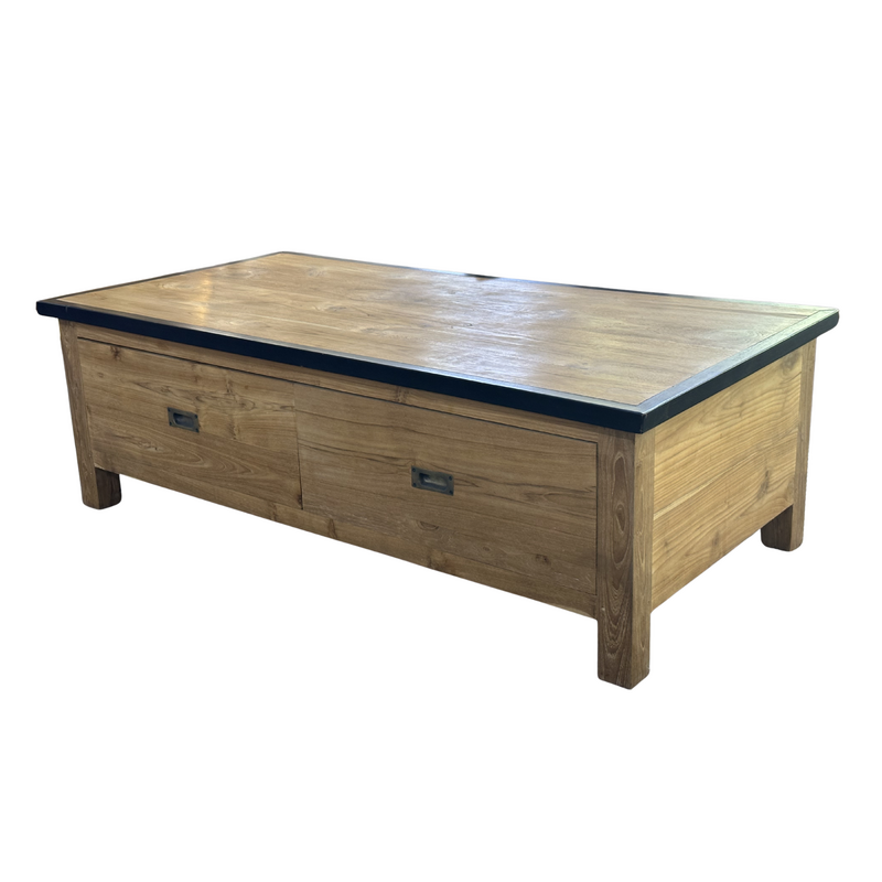 Table basse bois brut 4 tiroirs plateau noir 140x70x45 Cm