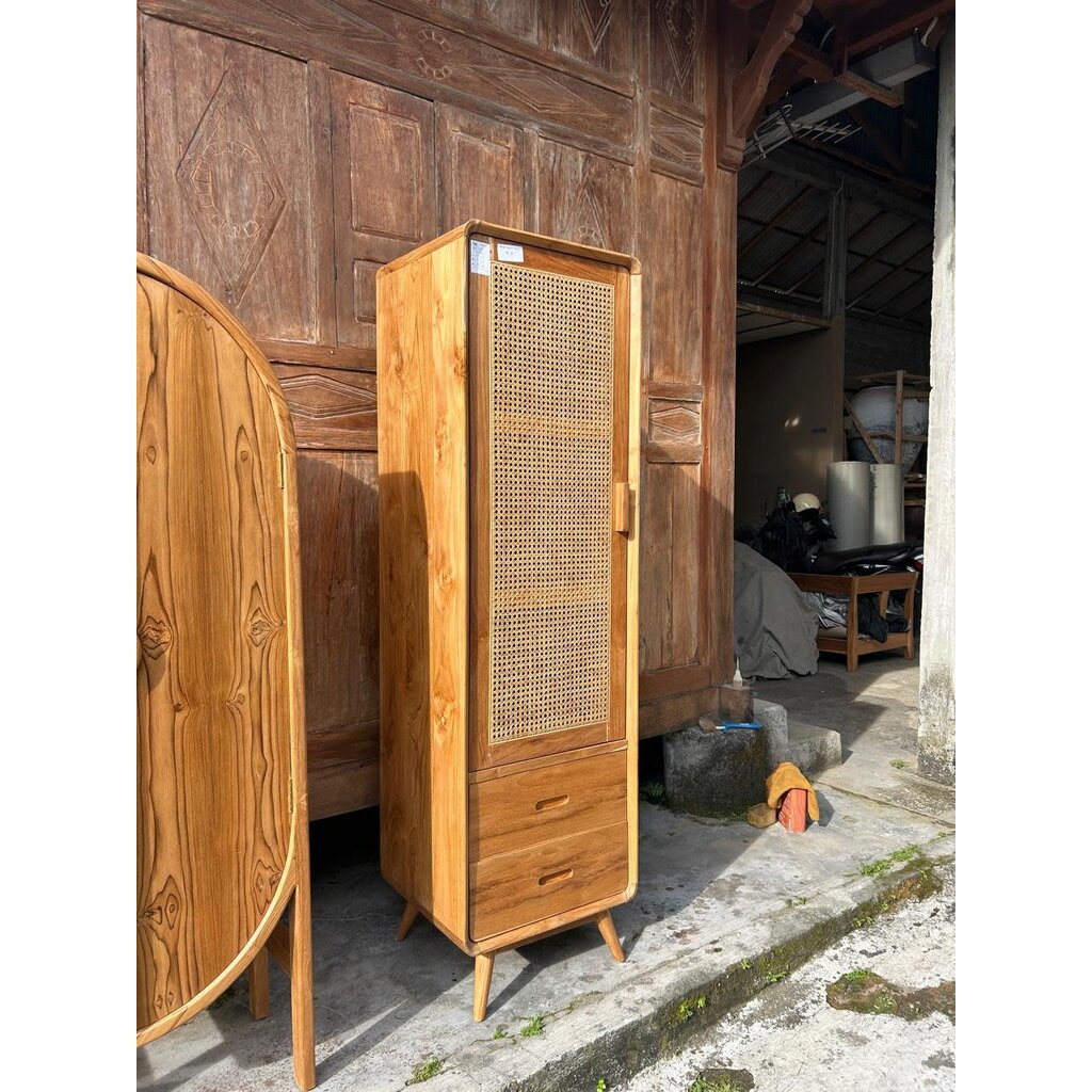 Armoire 1 porte rotin 2 tiroirs 50x45x175 cm Brut WB