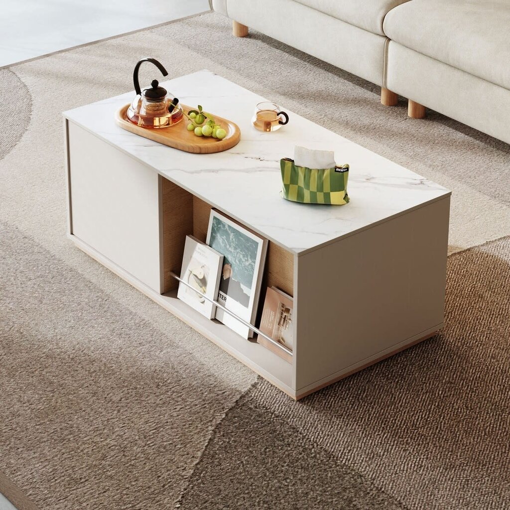 Table basse 1 tiroir 1 porte 100x50x41 cm Gris et Bois