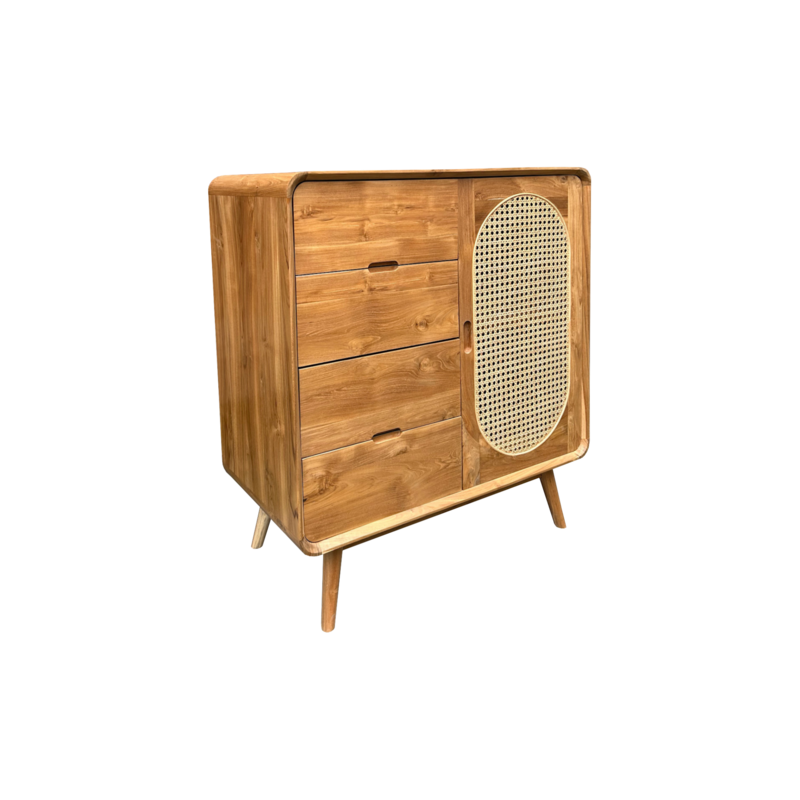 Buffet 4 tiroirs 1 portes rotin 85x45x100 Cm