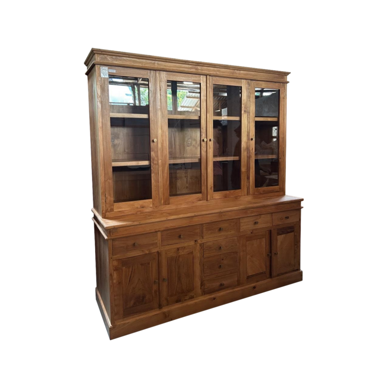 Vaisselier en Teck 8 portes dont 4 vitrées et 4 tiroirs 180x40x200 cm Cérusé