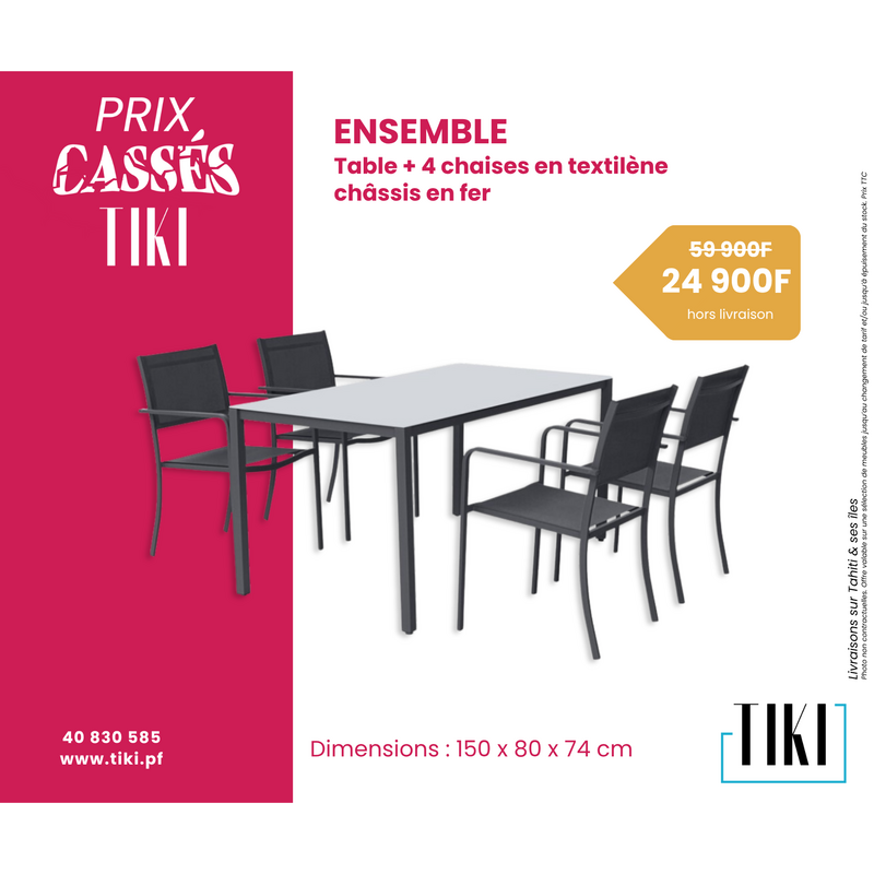 Table 150x80x74 cm+ 4 chaises en textilène châssis en fer Gris Noir