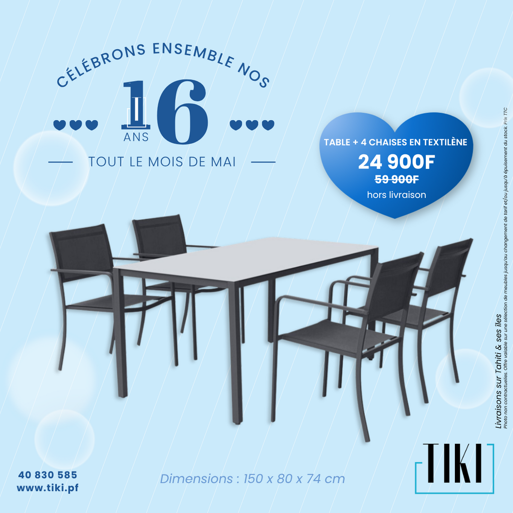 Table 150x80x74 cm+ 4 chaises en textilène châssis en fer Gris Noir