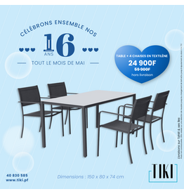 Table 150x80x74 cm+ 4 chaises en textilène châssis en fer Gris Noir