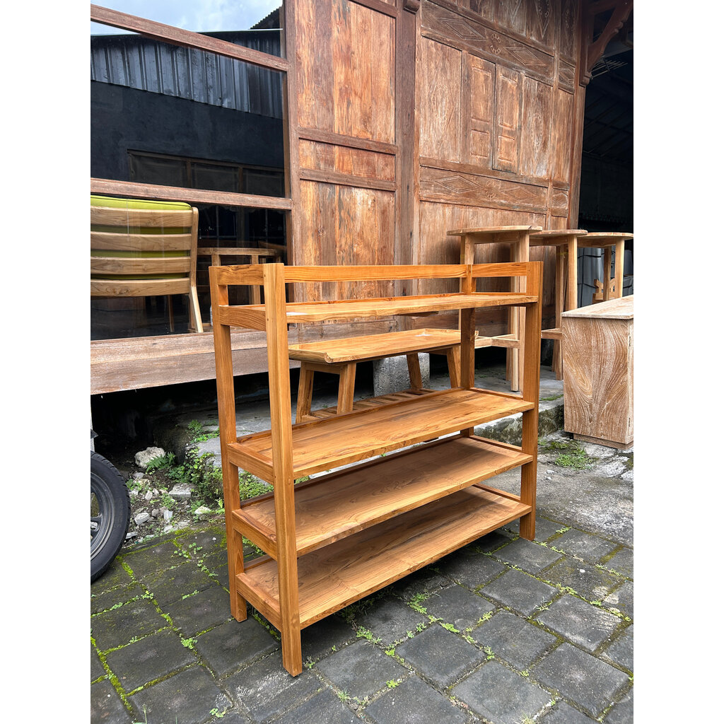 Étagère 4 niveaux en teck 110x35x105 cm Naturel Clair