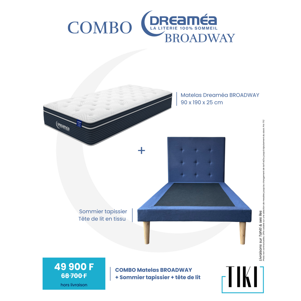 Combo Matelas BROADWAY 90x190x25 Cm + Tête de lit Gris-bleu + Sommier 10 Cm