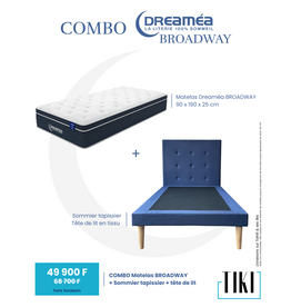 Combo Matelas BROADWAY 90x190x25 Cm + Tête de lit Gris-bleu + Sommier 10 Cm