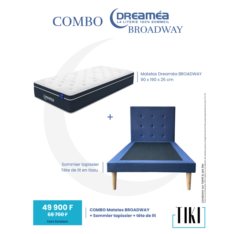 Combo Matelas BROADWAY 90x190x25 Cm + Tête de lit Gris-bleu + Sommier 10 Cm