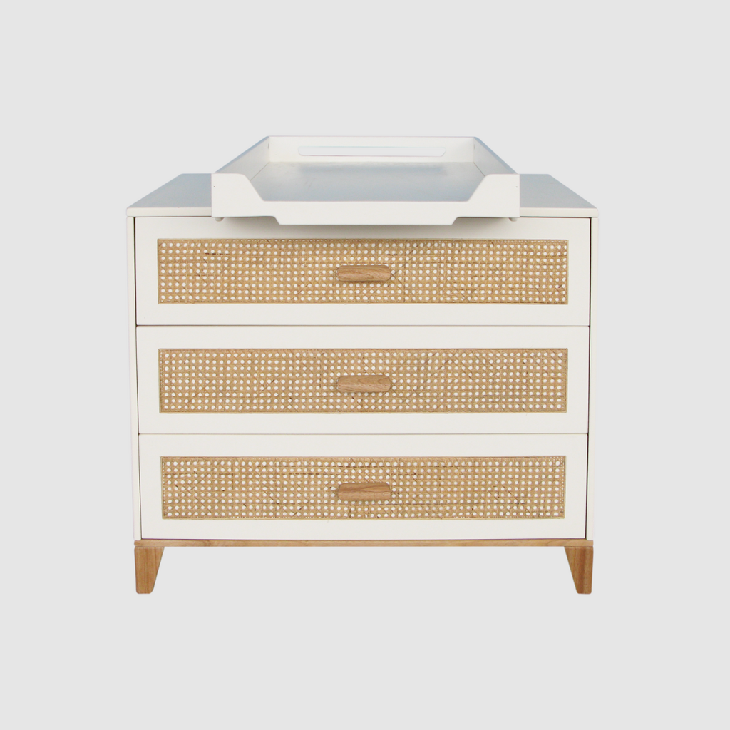 NAMI - Commode 3 tiroirs neige et rotin