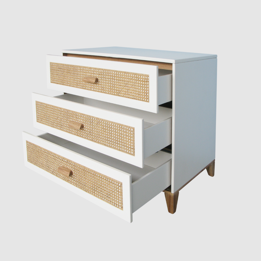 NAMI - Commode 3 tiroirs neige et rotin