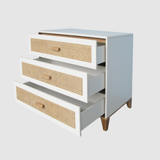 NAMI - Commode 3 tiroirs neige et rotin