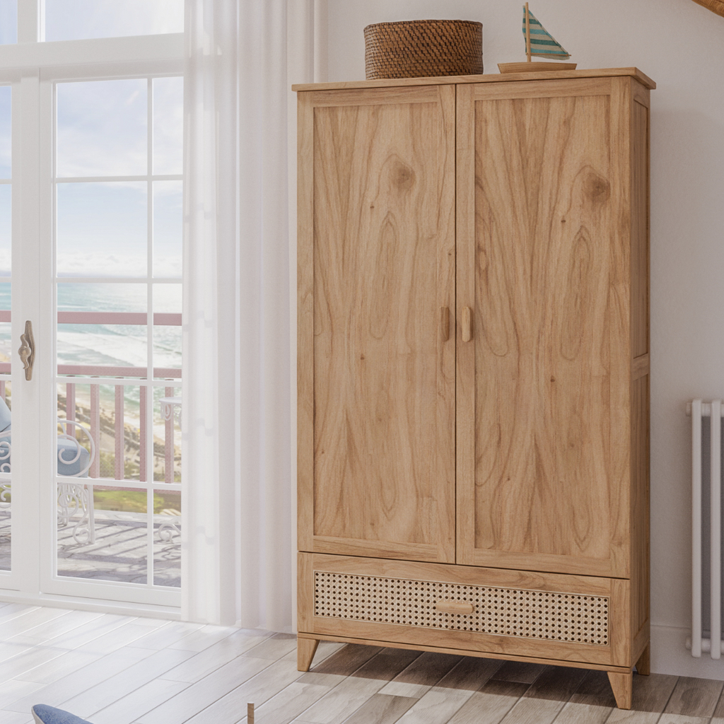 NAMI - Armoire 2 portes 1 tiroir en bois et rotin