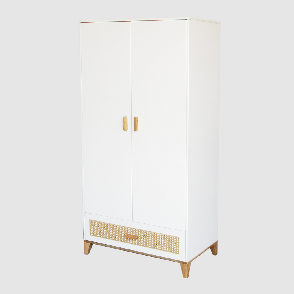 NAMI - Armoire 2 portes 1 tiroir neige et rotin