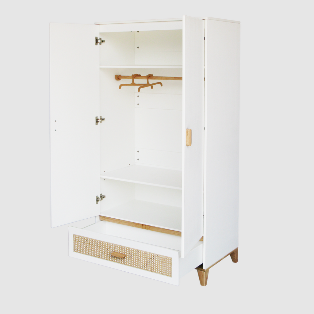NAMI - Armoire 2 portes 1 tiroir neige et rotin