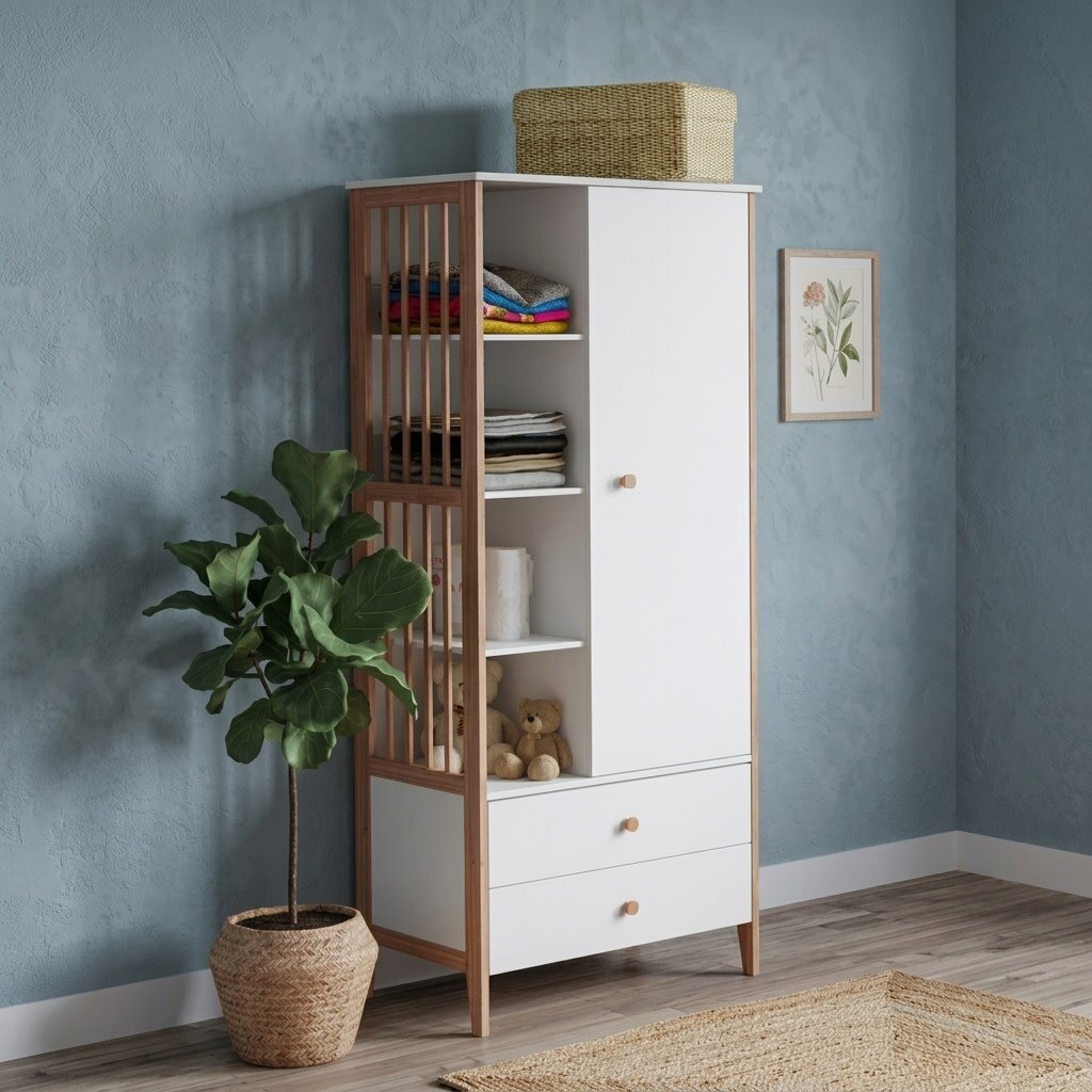 GASPARD - Armoire 1 porte 2 tiroirs neige et bois