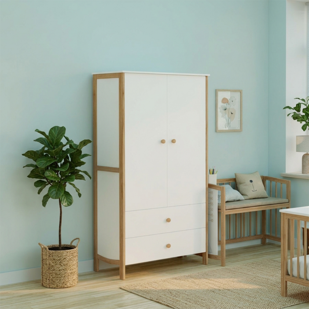 ANTOINE - Armoire 2 portes 2 tiroirs neige et bois