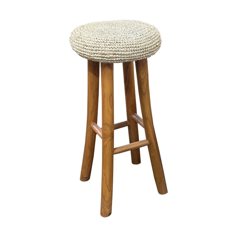 Tabouret en Teck + Rafia blanc Ø35x77 cm