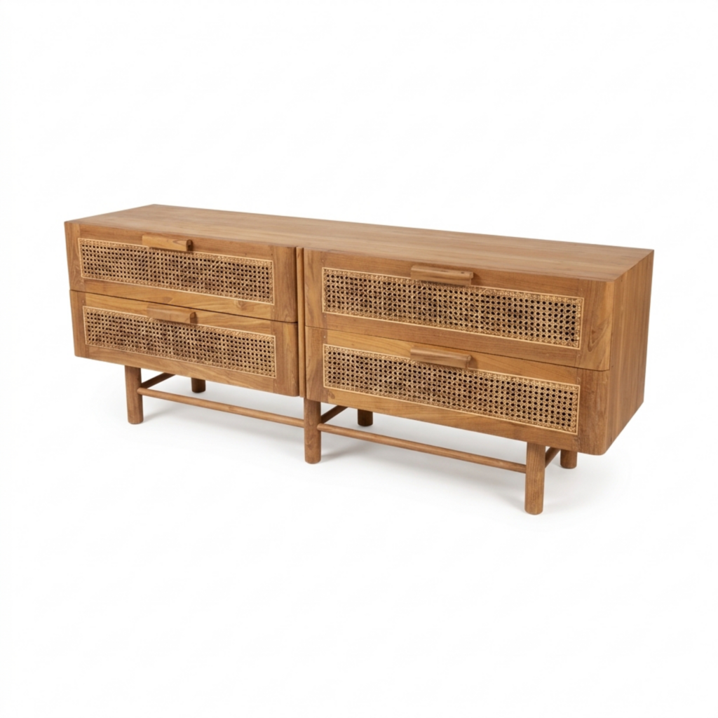 Meuble TV 4 tiroirs rotin 160x40x60 Cm