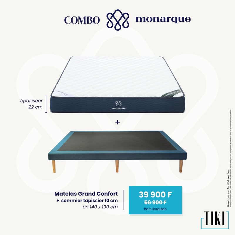 Combo Matelas Monarque Grand Confort 22 cm + Sommier 10 cm