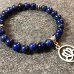 Lapis Lazuli & Wood Bracelet w/ Lotus Charm - 8mm - Throat Chakra