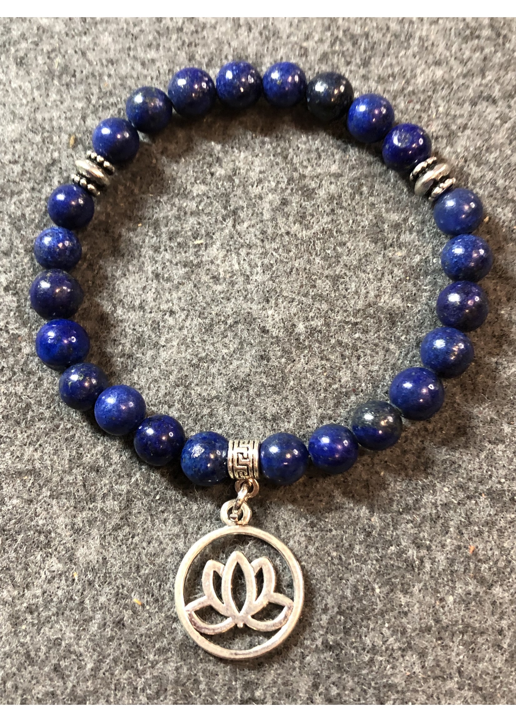 Lapis Lazuli Gemstone Bracelet w/ Lotus Charm - 8mm - Throat Chakra