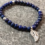 Lapis Lazuli & Wood Gemstone Bracelet w/ Delicate Leaf Charm - 6mm - Throat Charkra