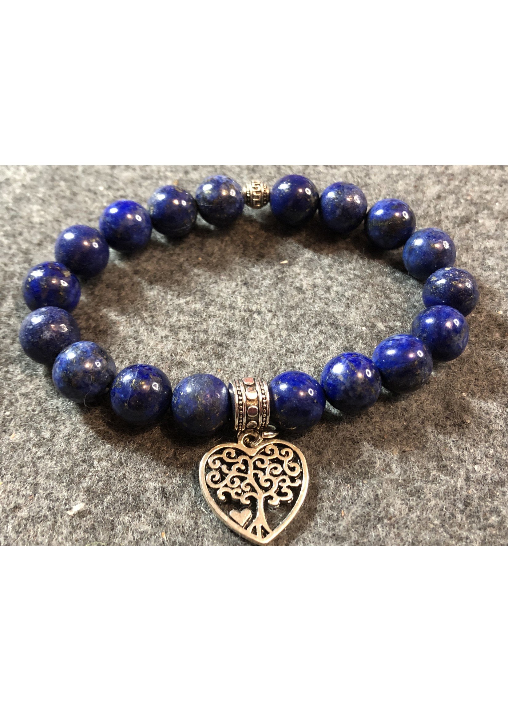 Lapis Lazuli Gemstone Bracelet w/ Tree of Life Heart Charm - 8mm - Throat Chakra