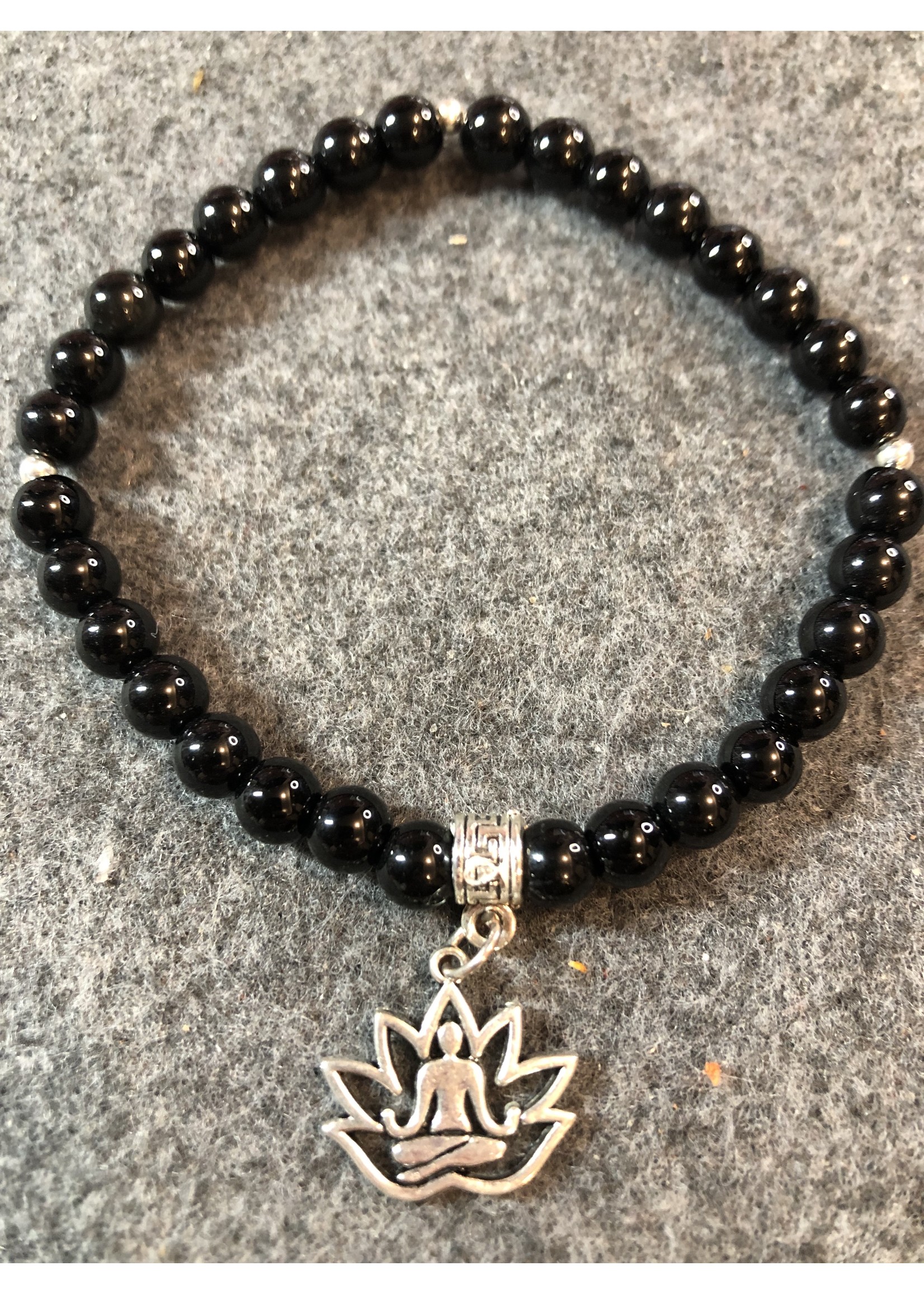 Onyx Gemstone Bracelet w/ Lotus / Yoga Charm - 6mm - Root Chakra