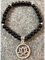 Onyx Gemstone Bracelet w/ Lotus Charm - 6mm - Root Chakra