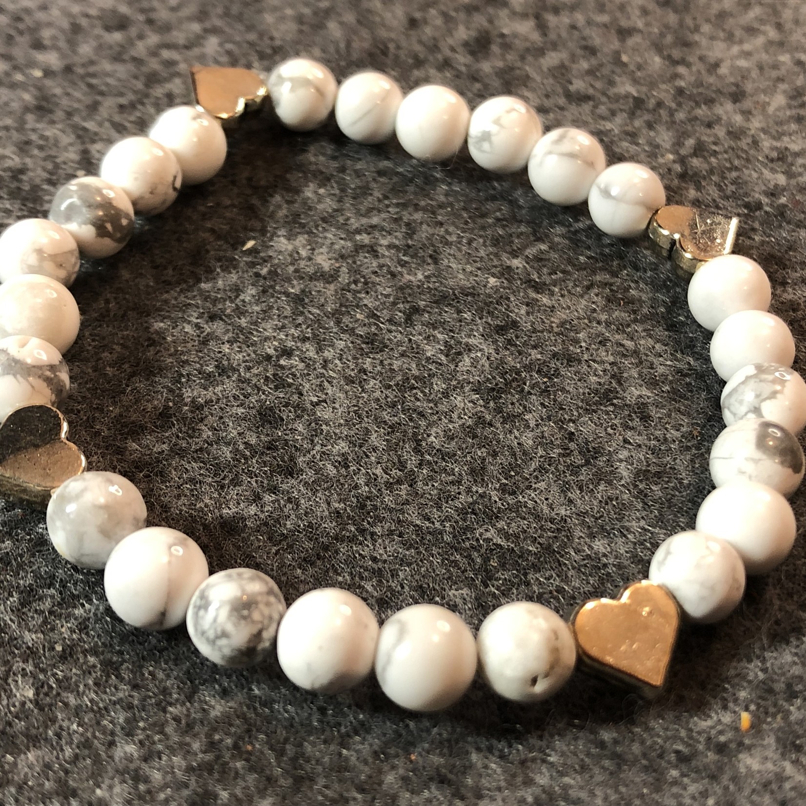 Howlite Gemstone Bracelet w/ Silver Heart Beads - 6mm - Anxiety & Stress Relief